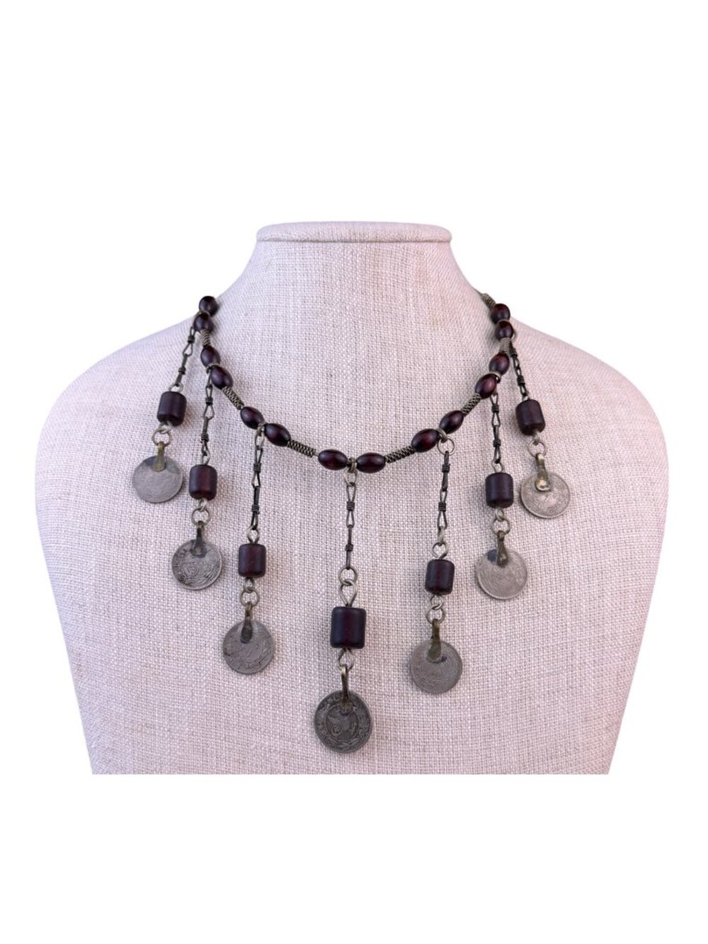 Vintage Chandelier Necklace With Wooden Beads & Coin Accents Unique Design